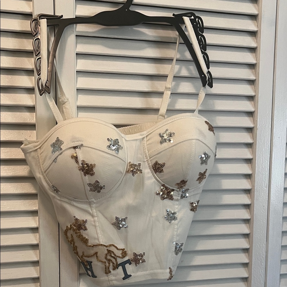 Embellished Bustier Top WHT Horse Art with Star Accents. Zipper On the left side